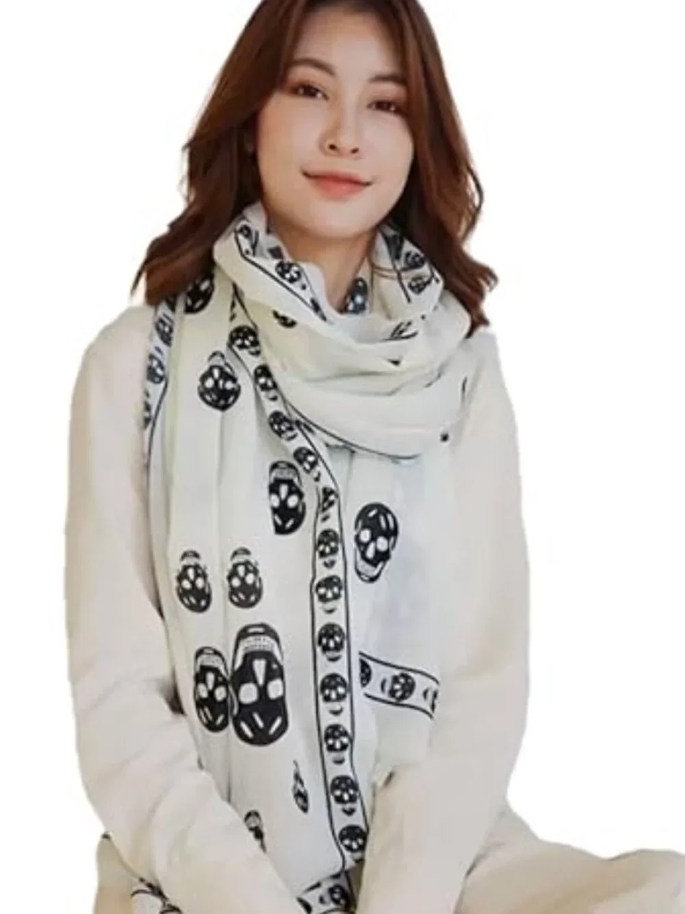 Genuine Pure Silk Chiffon Scarf - 59 inches Long Gothic Skull Pattern
